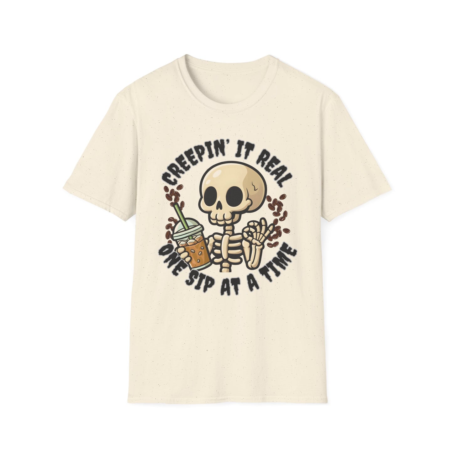 Creepin’ It Real Skeleton Coffee T-Shirt | Funny Iced Coffee Halloween Graphic Tee softstyle