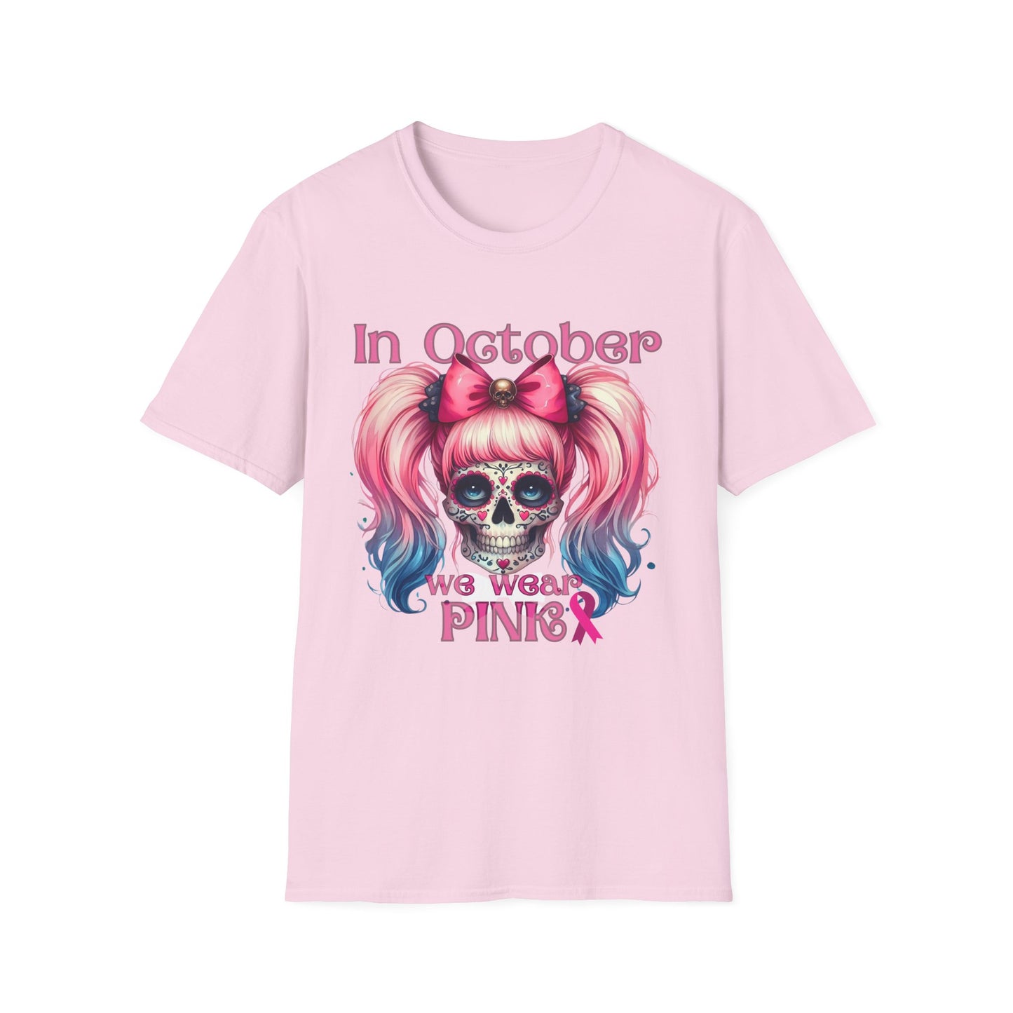 In October We Wear Pink T-Shirt | Unisex Breast Cancer Awareness Tee with Sugar Skull & Pink Ribbon Design