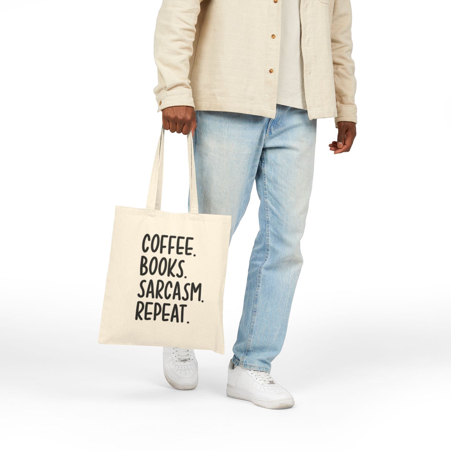 Coffee Books Sarcasm Repeat Tote Bag, Eco-Friendly Tote, Gift for Book Lovers, Funny Grocery Bag, Casual Canvas Carryall