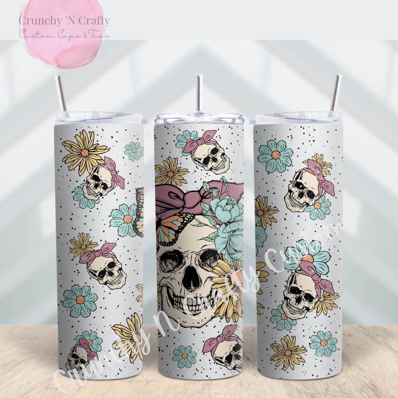 Skull with Roses 20oz Skinny Tumbler With Straw and Lid