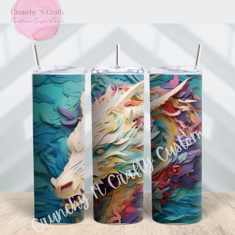 20 ounce sublimation tumbler with a white dragon with a turquoise background. with accents of pink and purple.