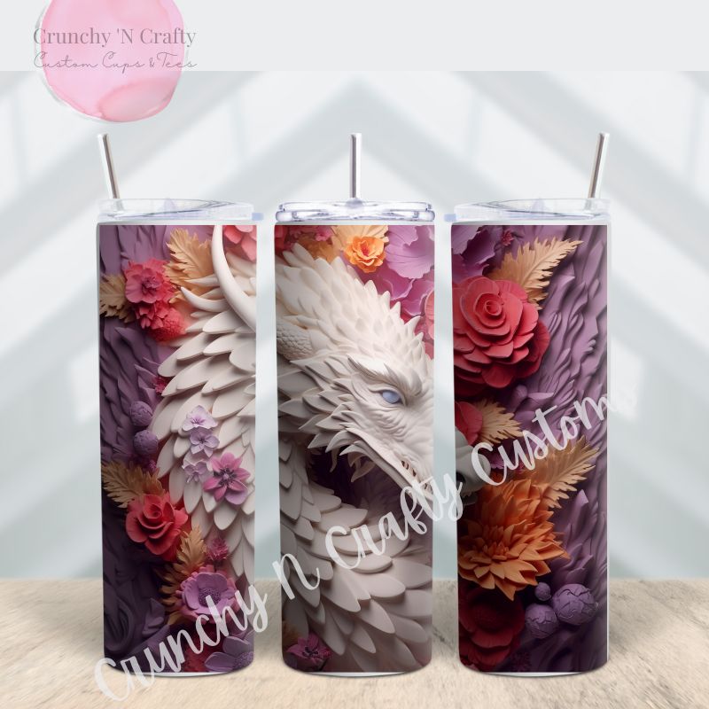 sublimation tumbler printed with a 3 d effect print of a white dragon with purple background and pink and yello flowers