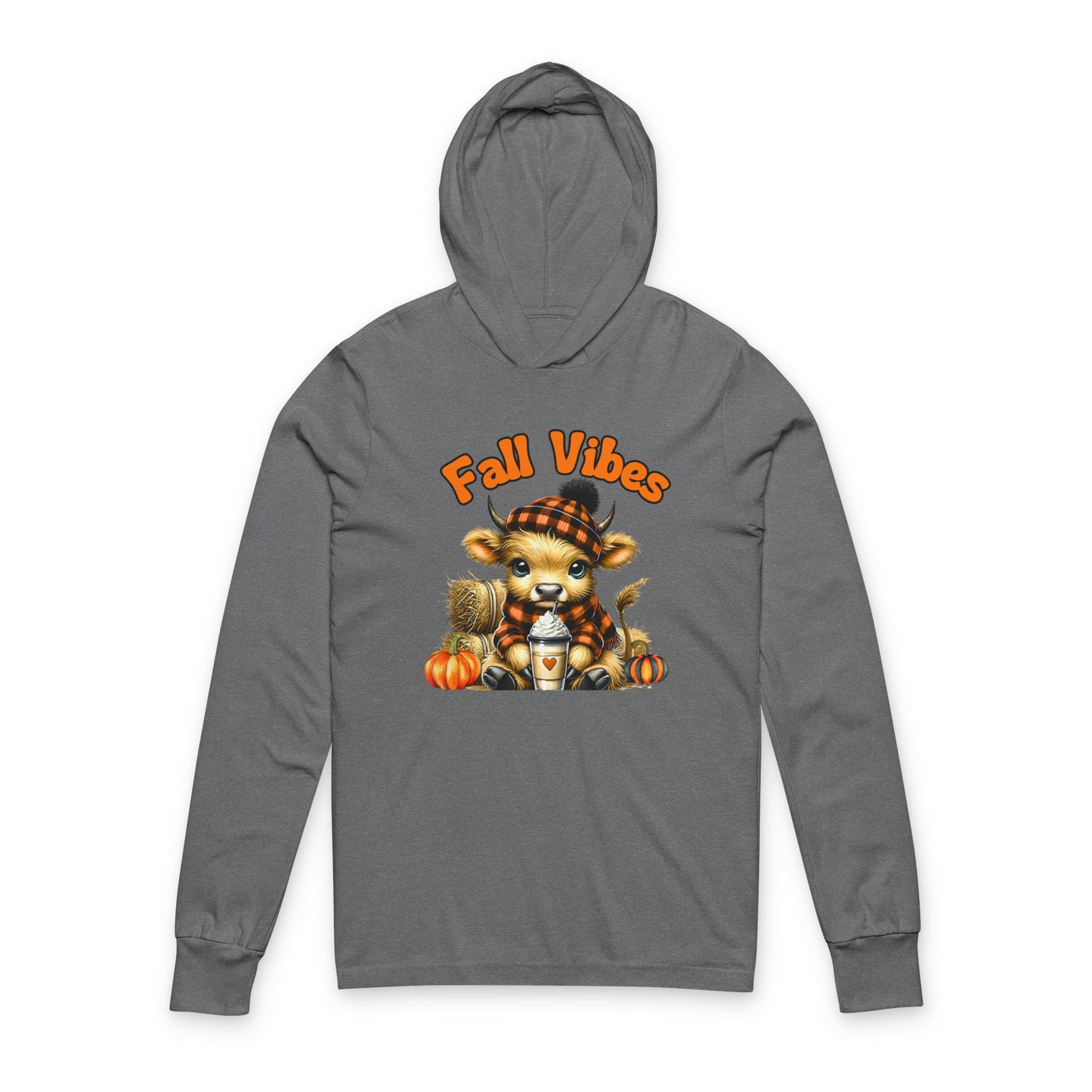 Fall Vibes Hoodie Long Sleeve T-Shirt | Bella + Canvas Unisex Hooded Tee with Highland Cow & Pumpkin Spice Autumn Design