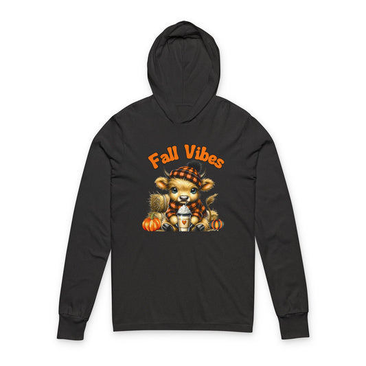 Fall Vibes Hoodie Long Sleeve T-Shirt | Bella + Canvas Unisex Hooded Tee with Highland Cow & Pumpkin Spice Autumn Design