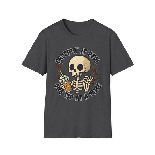 Creepin’ It Real Skeleton Coffee T-Shirt | Funny Iced Coffee Halloween Graphic Tee softstyle