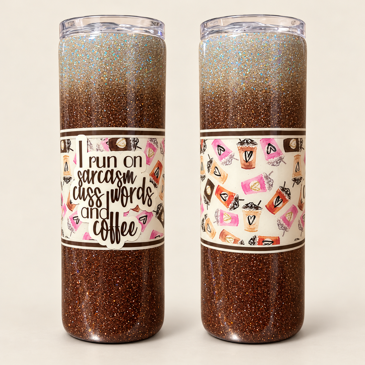 Front and back views of a 20 oz latte-inspired glitter epoxy tumbler showing sarcastic coffee lettering and a pink and brown coffee-cup patterned band.