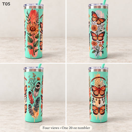 Four-panel product view of a 20 oz tumbler with a mint green base and colorful floral and butterfly prints, shown on a light neutral background. The tumbler has a clear lid and a green straw.