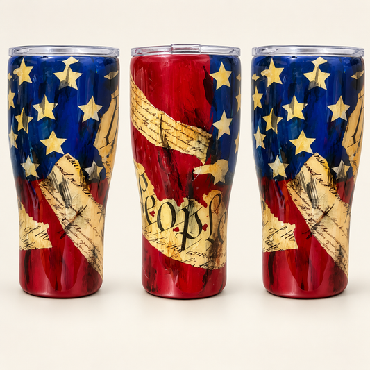 Multiple views of a 30 oz distressed patriotic tumbler showing blue stars, red sections and vintage Constitution-inspired artwork.