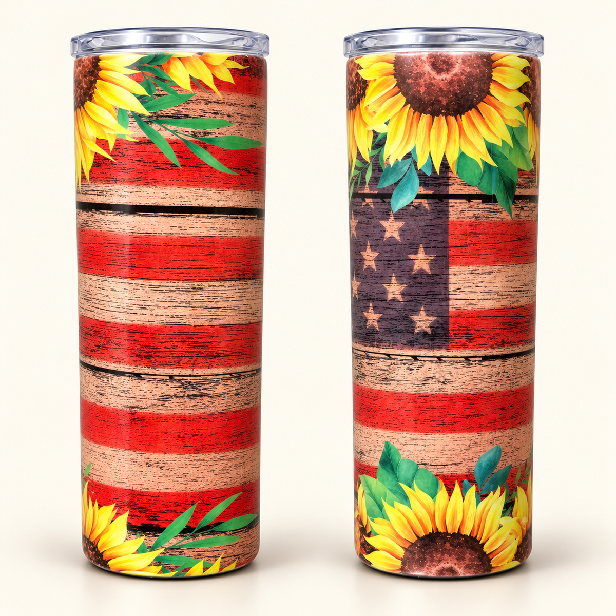 Two views of a sunflower American flag tumbler showing rustic red and cream stripes, a muted blue star field and yellow blooms.
