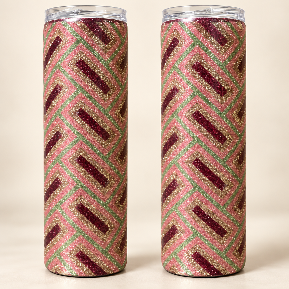 Two views of a 20 oz geometric glitter tumbler showing layered diagonal shapes in sage green, gold, dusty rose and burgundy.