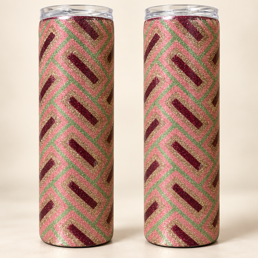 Two views of a 20 oz geometric glitter tumbler showing layered diagonal shapes in sage green, gold, dusty rose and burgundy.