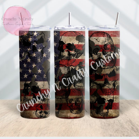 Distressed American flag with skulls 20-ounce tumbler/cup