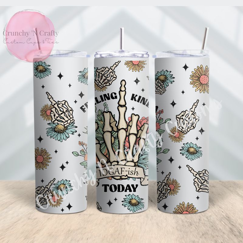 Retro feeling kinda IDGAF-ish skeleton middle finger with flowers 20-ounce tumbler/cup