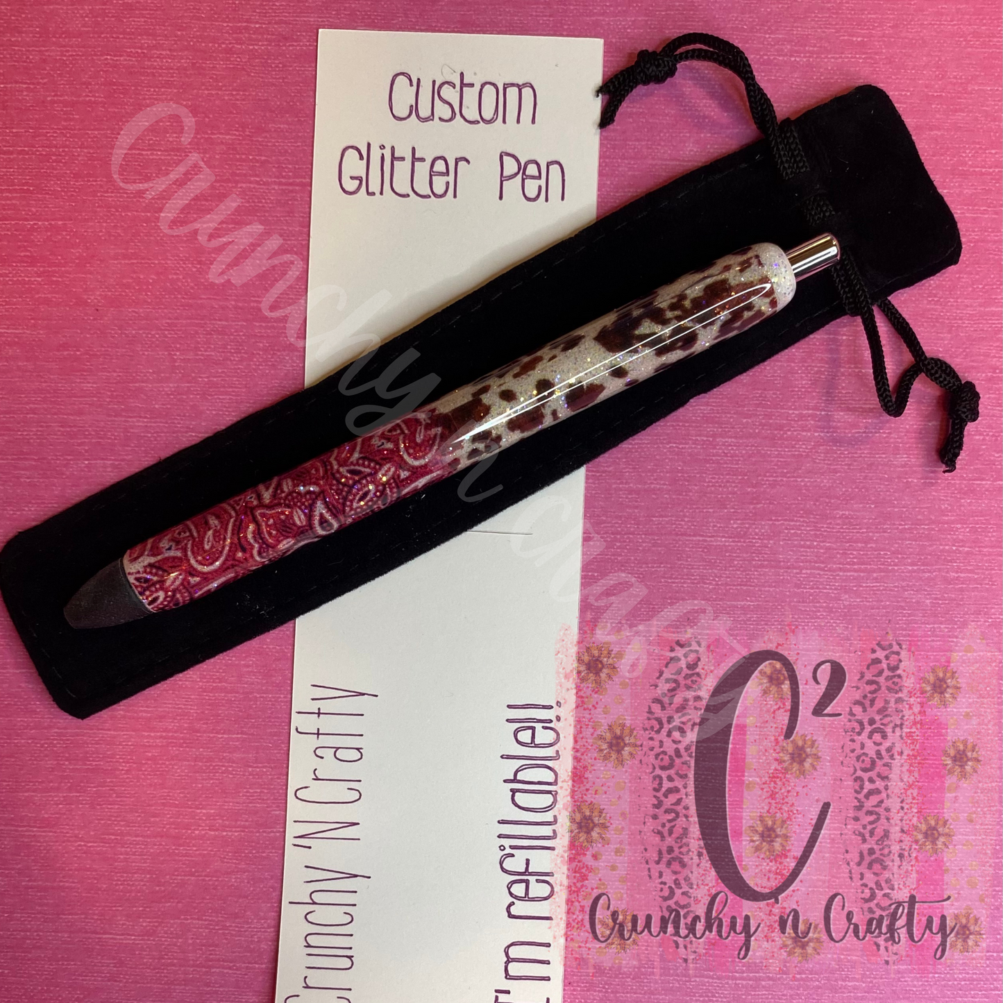 Cow print and Red bandana with white glitter custom gel pen