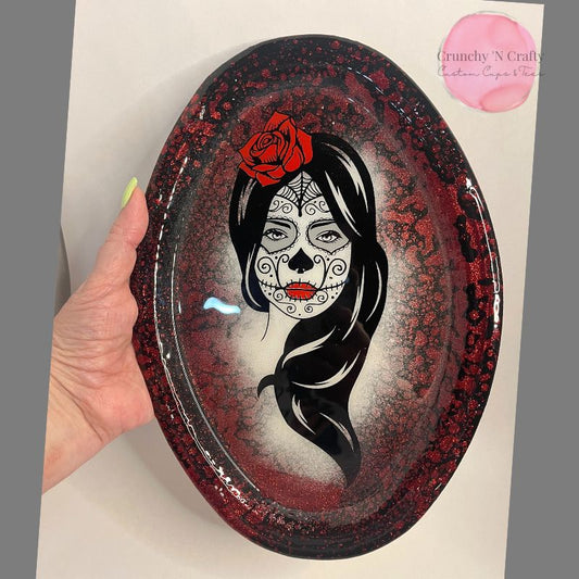 Custom sugar skull girl metal tray epoxy coated