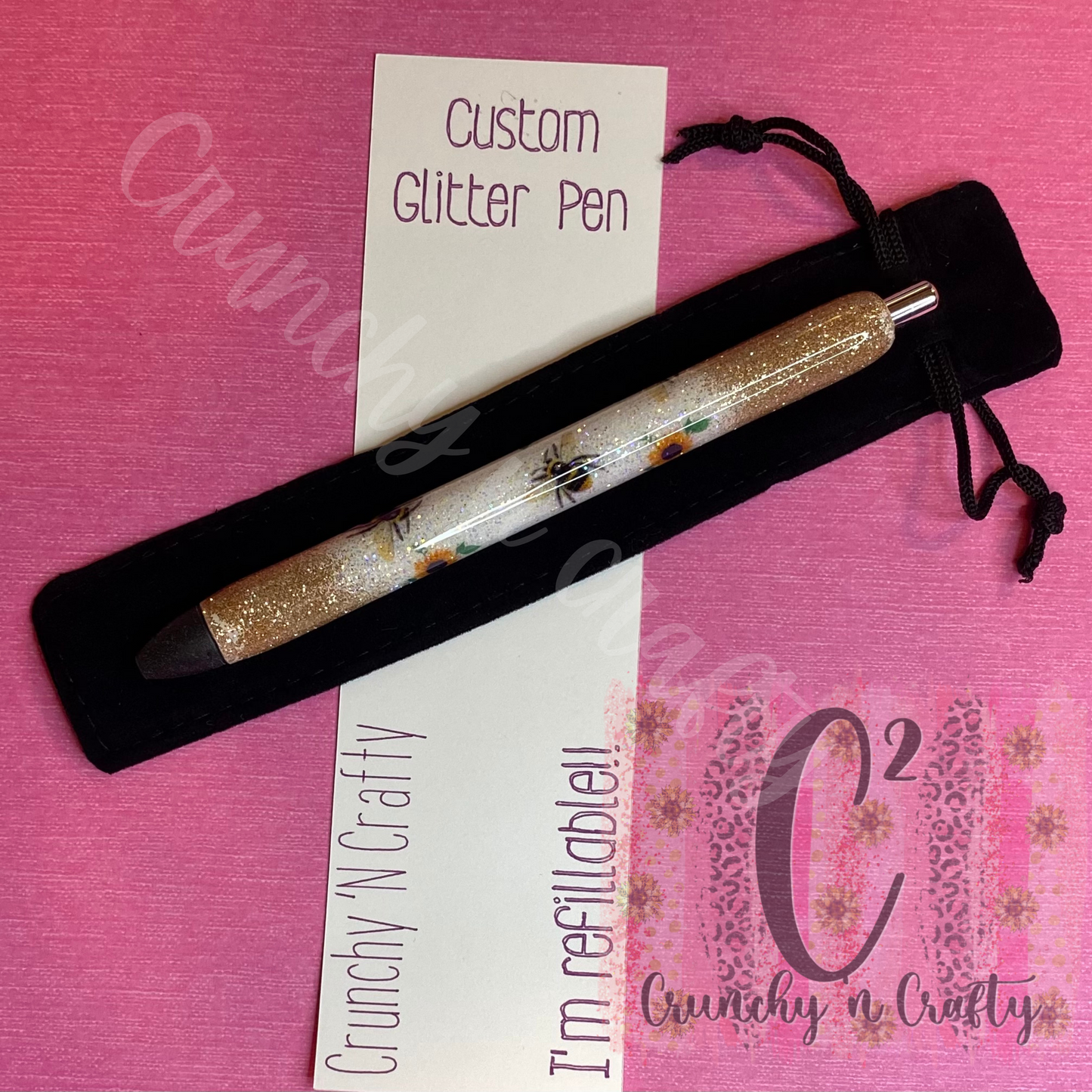Ink Pen Gold and white glitter with sunflowers and bees