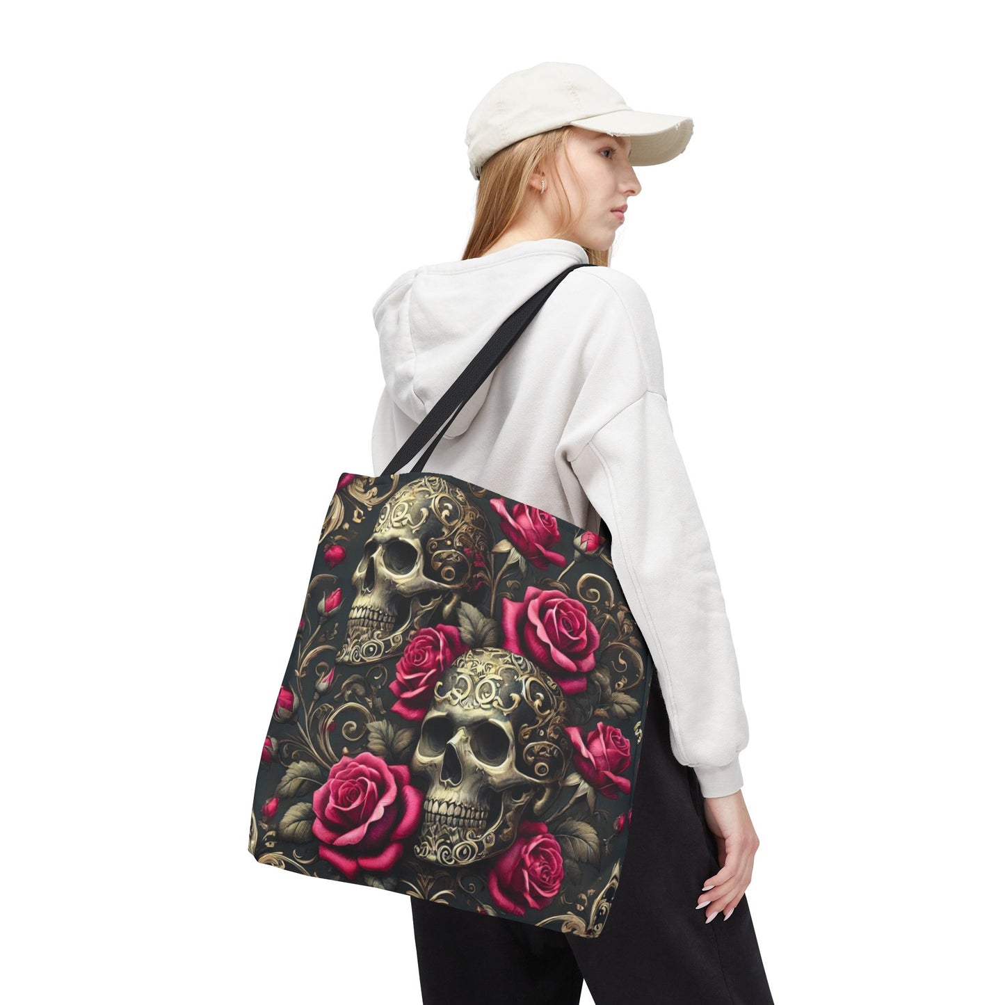 Gothic Skull & Roses Tote Bag | Dark Floral Aesthetic Tote in 13x13, 16x16 & 18x18 Sizes
