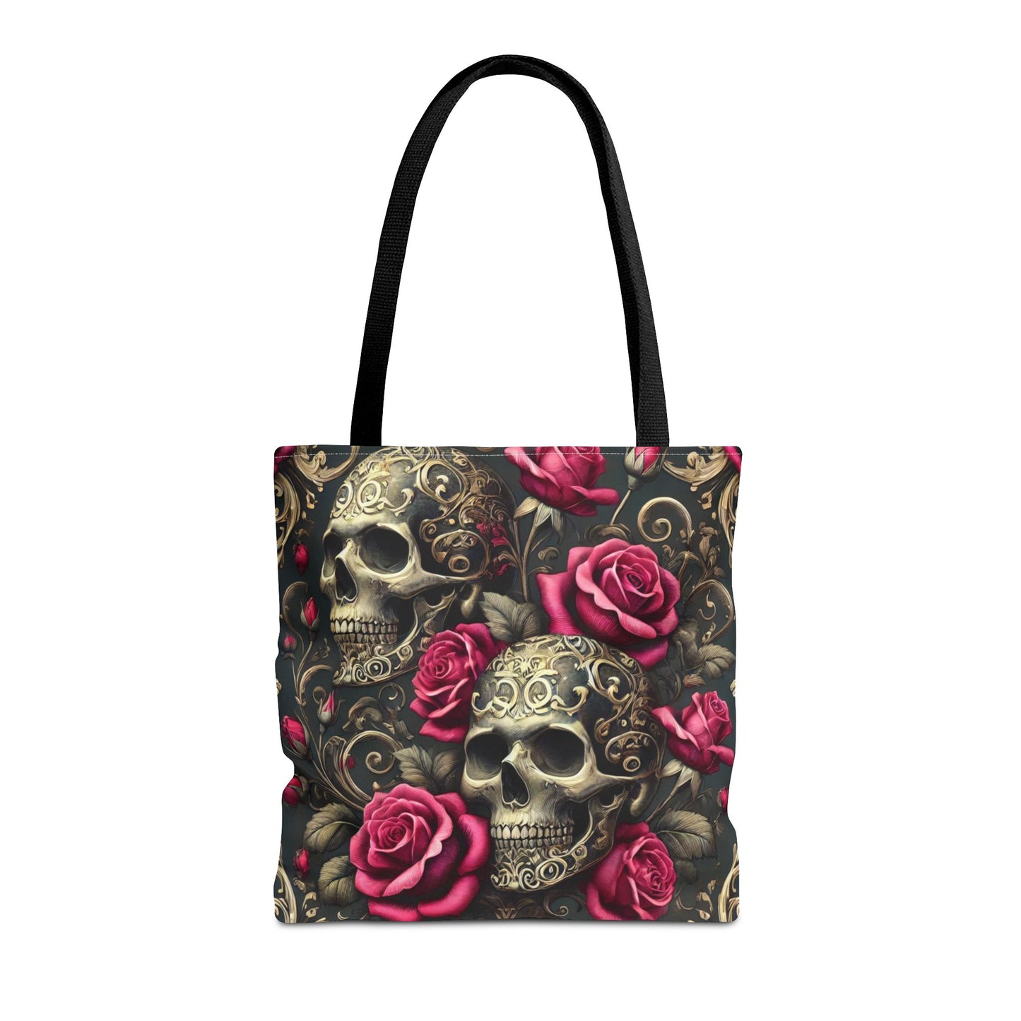 Gothic Skull & Roses Tote Bag | Dark Floral Aesthetic Tote in 13x13, 16x16 & 18x18 Sizes