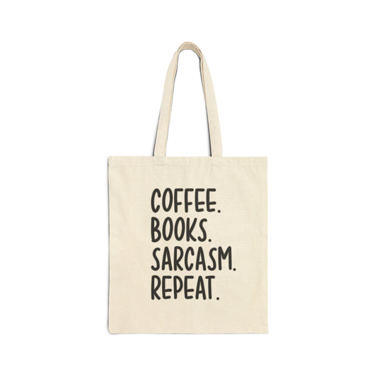 Coffee Books Sarcasm Repeat Tote Bag, Eco-Friendly Tote, Gift for Book Lovers, Funny Grocery Bag, Casual Canvas Carryall