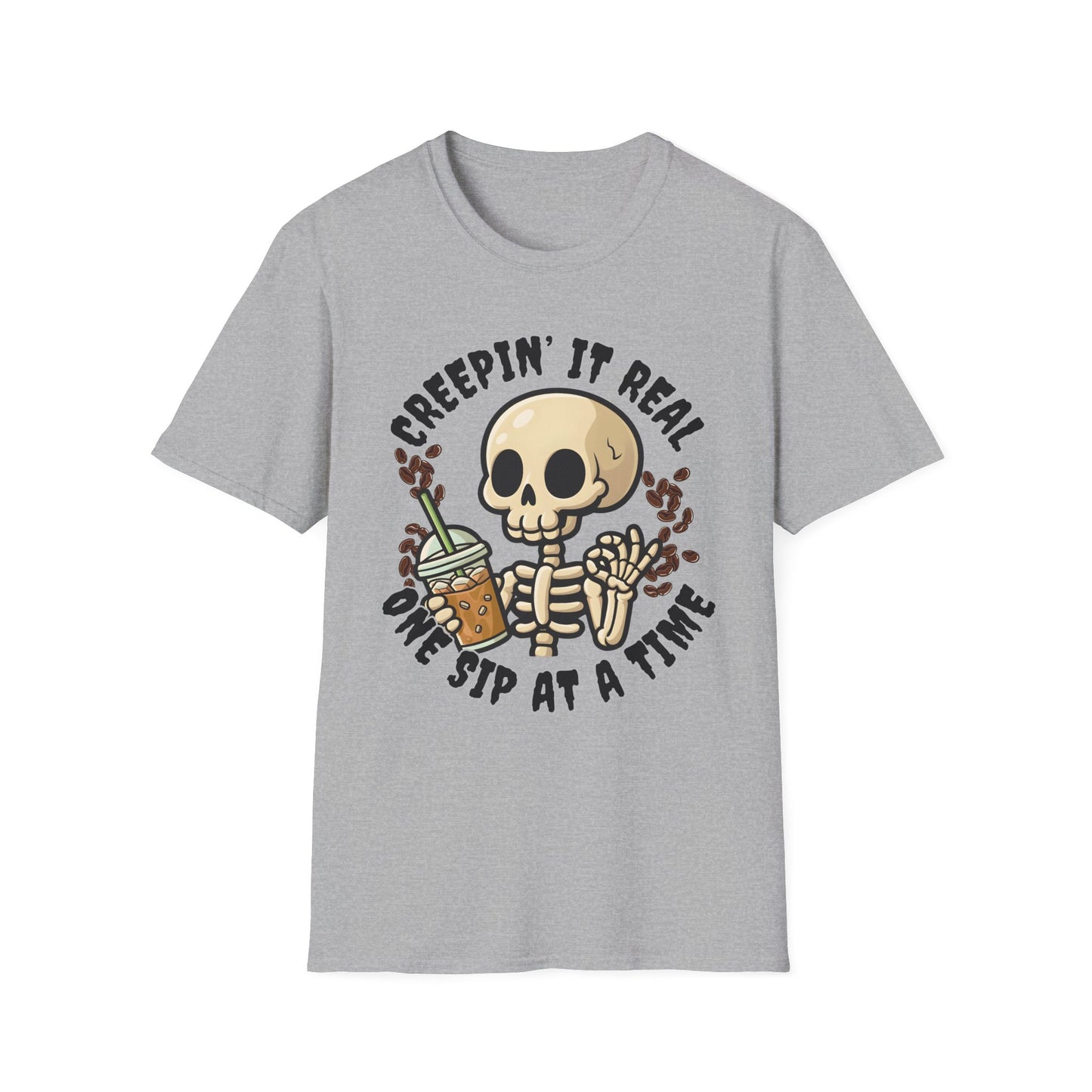 Creepin’ It Real Skeleton Coffee T-Shirt | Funny Iced Coffee Halloween Graphic Tee softstyle