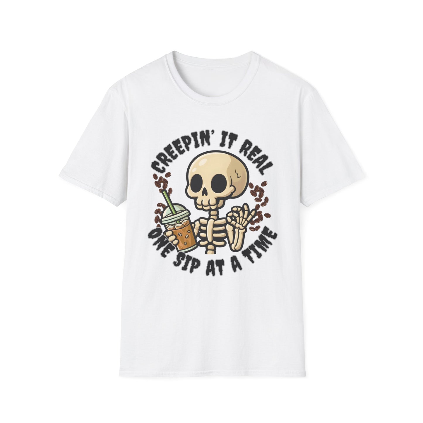 Creepin’ It Real Skeleton Coffee T-Shirt | Funny Iced Coffee Halloween Graphic Tee softstyle
