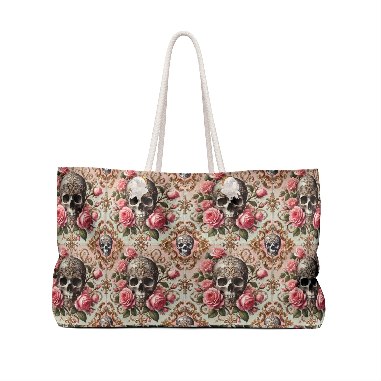 Gothic Skull & Roses Tote Bag | Vintage Floral Weekender Bag with Dark Romantic Vibe
