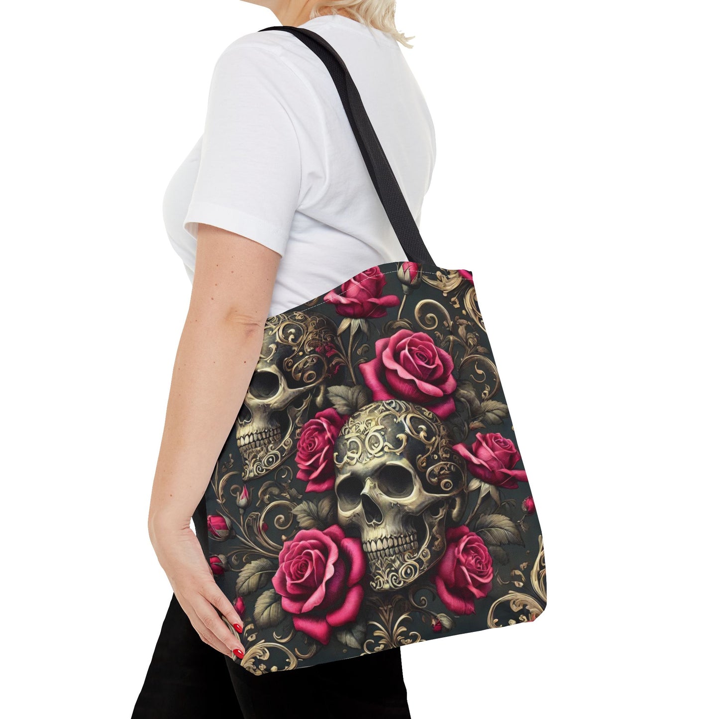 Gothic Skull & Roses Tote Bag | Dark Floral Aesthetic Tote in 13x13, 16x16 & 18x18 Sizes