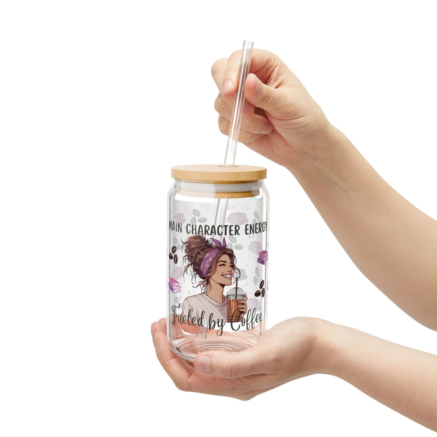 Main Character Energy Sipper Glass - 16oz Coffee & Books Design, 'Fueled by Caffeine'