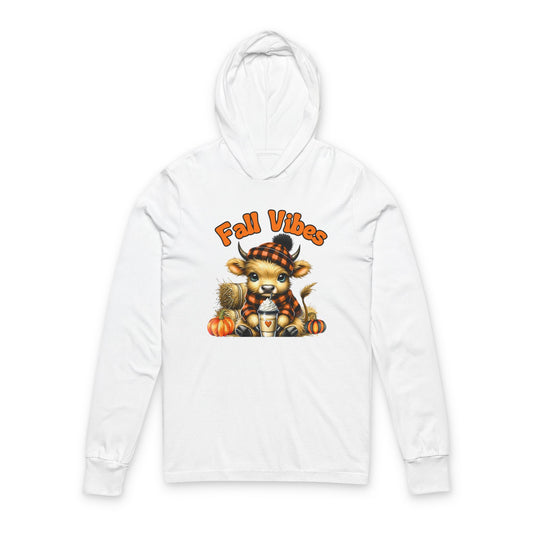 Fall Vibes Hoodie Long Sleeve T-Shirt | Bella + Canvas Unisex Hooded Tee with Highland Cow & Pumpkin Spice Autumn Design