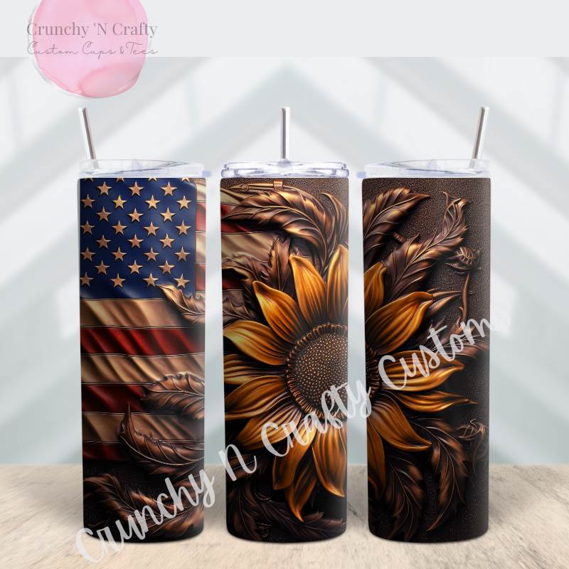 Flag and sunflowers 3D with wood grain tumbler cup