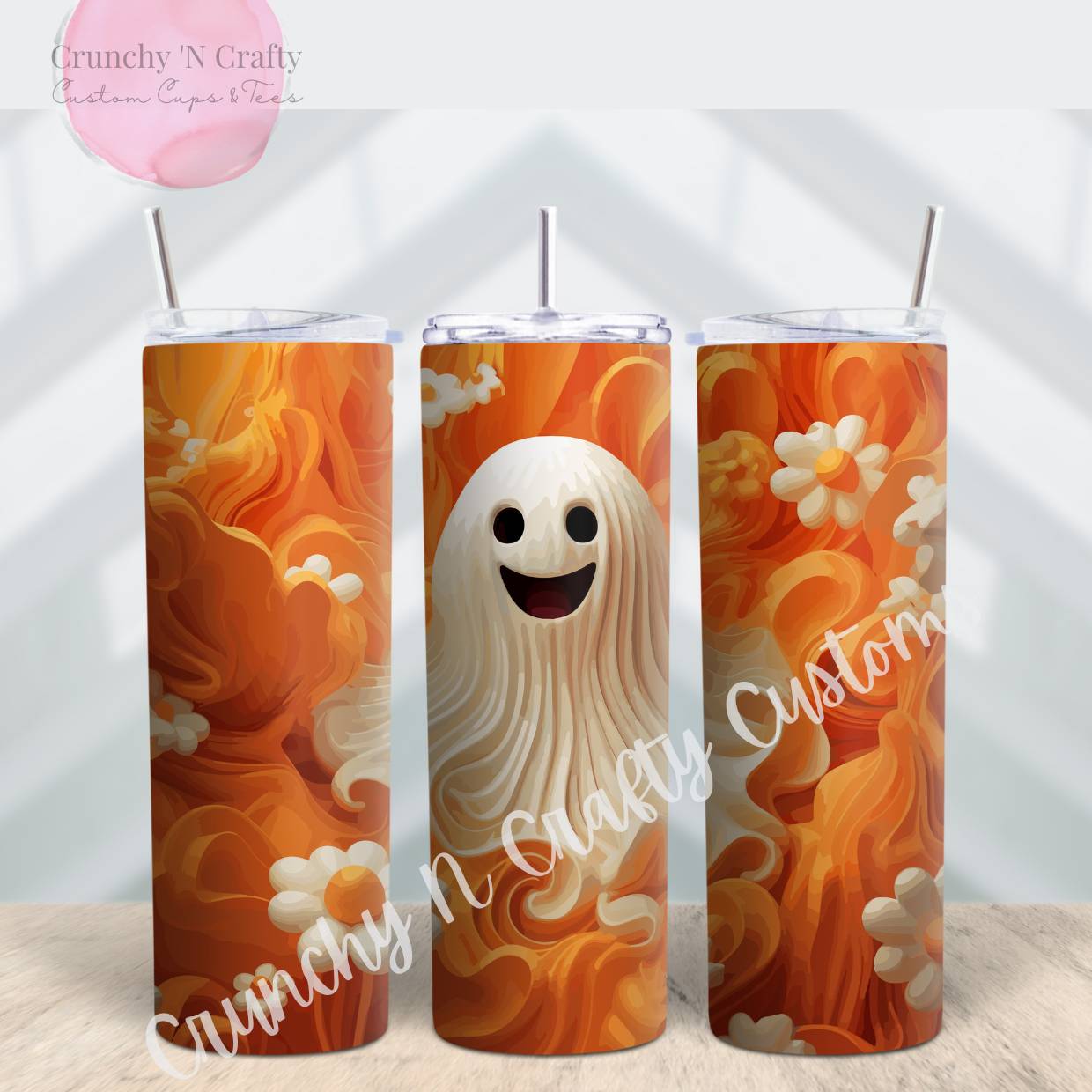 3D Cute ghost with flowers and orange background 20 ounce tumbler cup