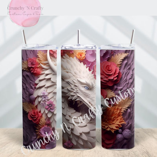 sublimation tumbler printed with a 3 d effect print of a white dragon with purple background and pink and yello flowers 