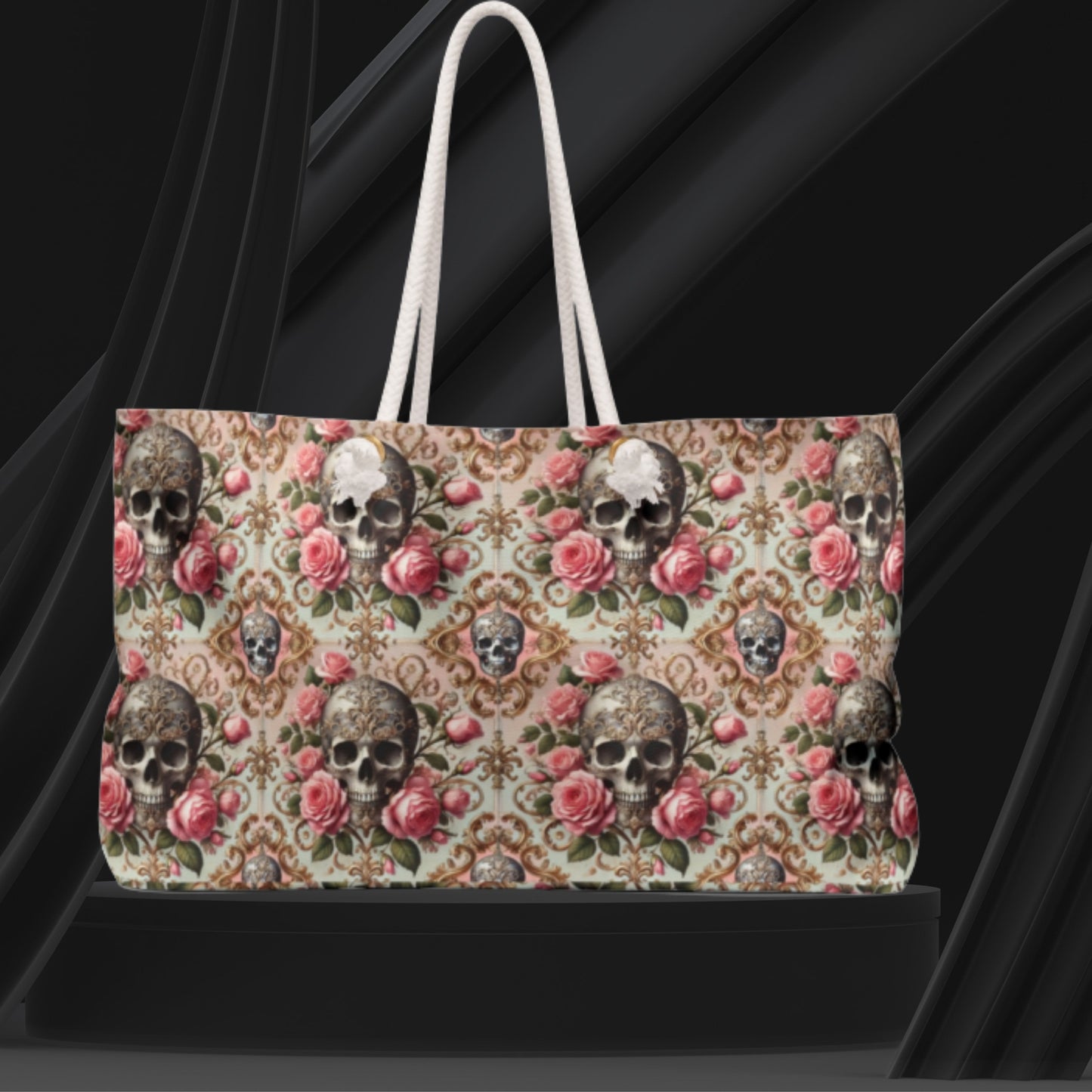 Gothic Skull & Roses Tote Bag | Vintage Floral Weekender Bag with Dark Romantic Vibe