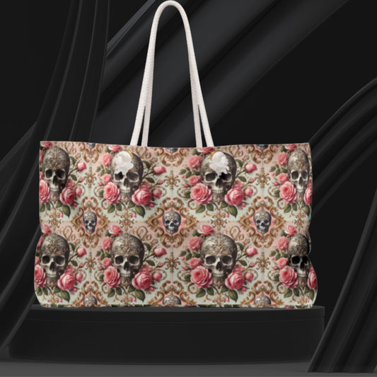 Gothic Skull & Roses Tote Bag | Vintage Floral Weekender Bag with Dark Romantic Vibe