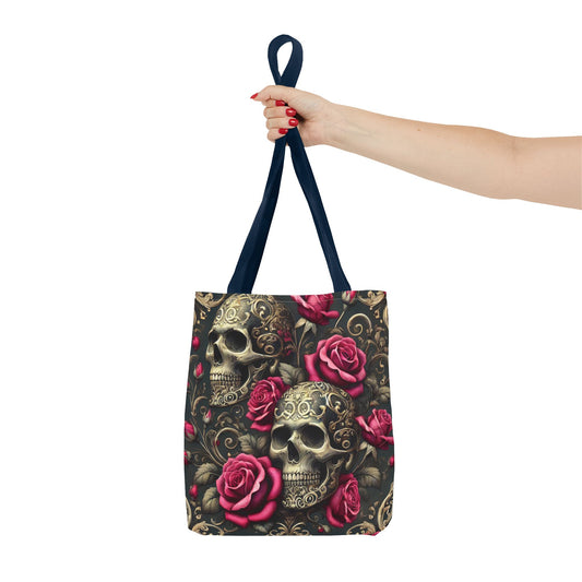 Gothic Skull & Roses Tote Bag | Dark Floral Aesthetic Tote in 13x13, 16x16 & 18x18 Sizes