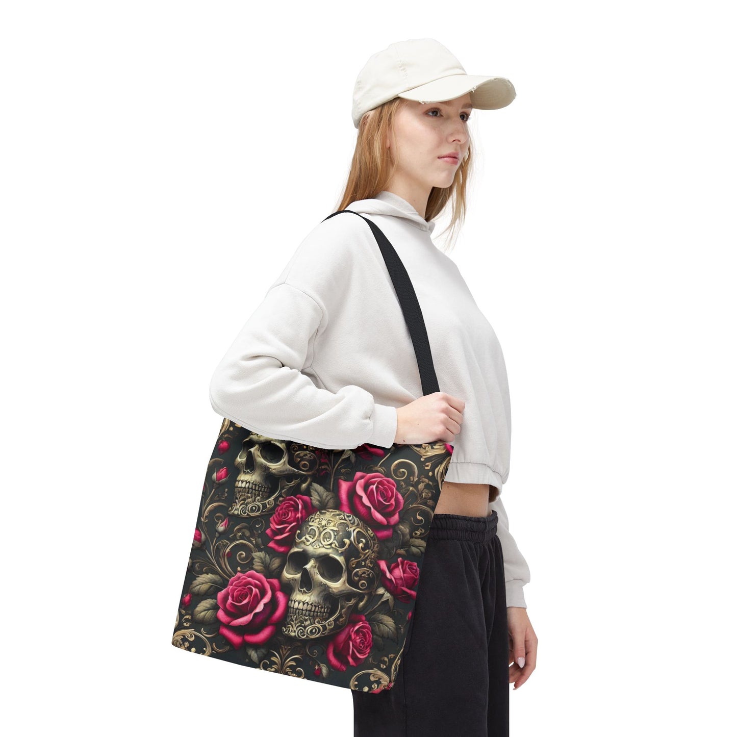 Gothic Skull & Roses Tote Bag | Dark Floral Aesthetic Tote in 13x13, 16x16 & 18x18 Sizes
