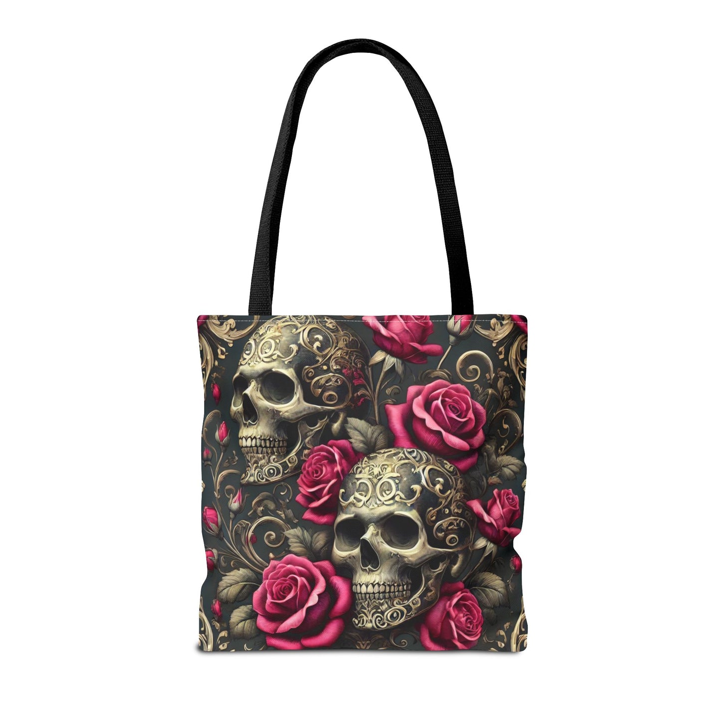 Gothic Skull & Roses Tote Bag | Dark Floral Aesthetic Tote in 13x13, 16x16 & 18x18 Sizes