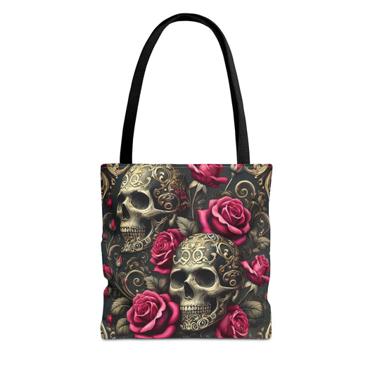 Gothic Skull & Roses Tote Bag | Dark Floral Aesthetic Tote in 13x13, 16x16 & 18x18 Sizes