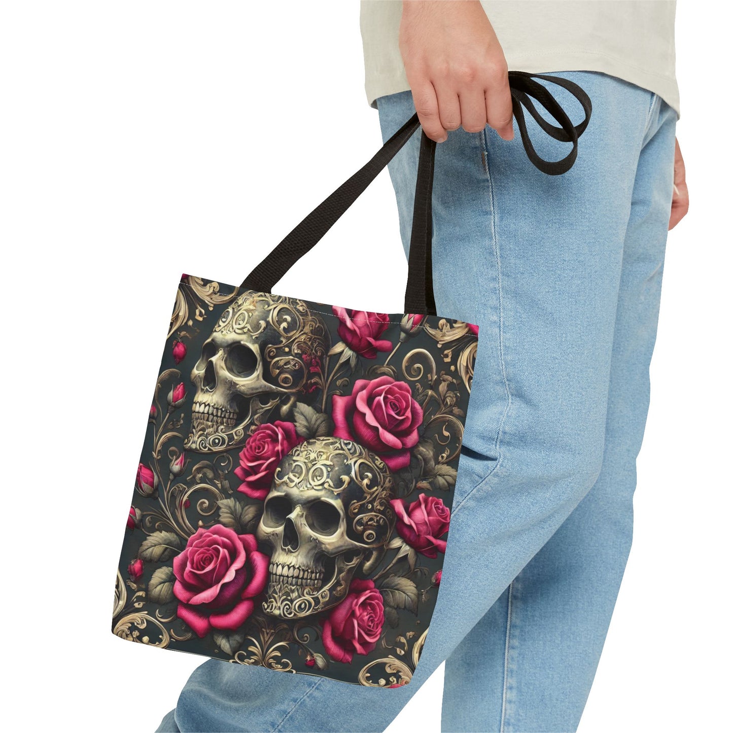 Gothic Skull & Roses Tote Bag | Dark Floral Aesthetic Tote in 13x13, 16x16 & 18x18 Sizes