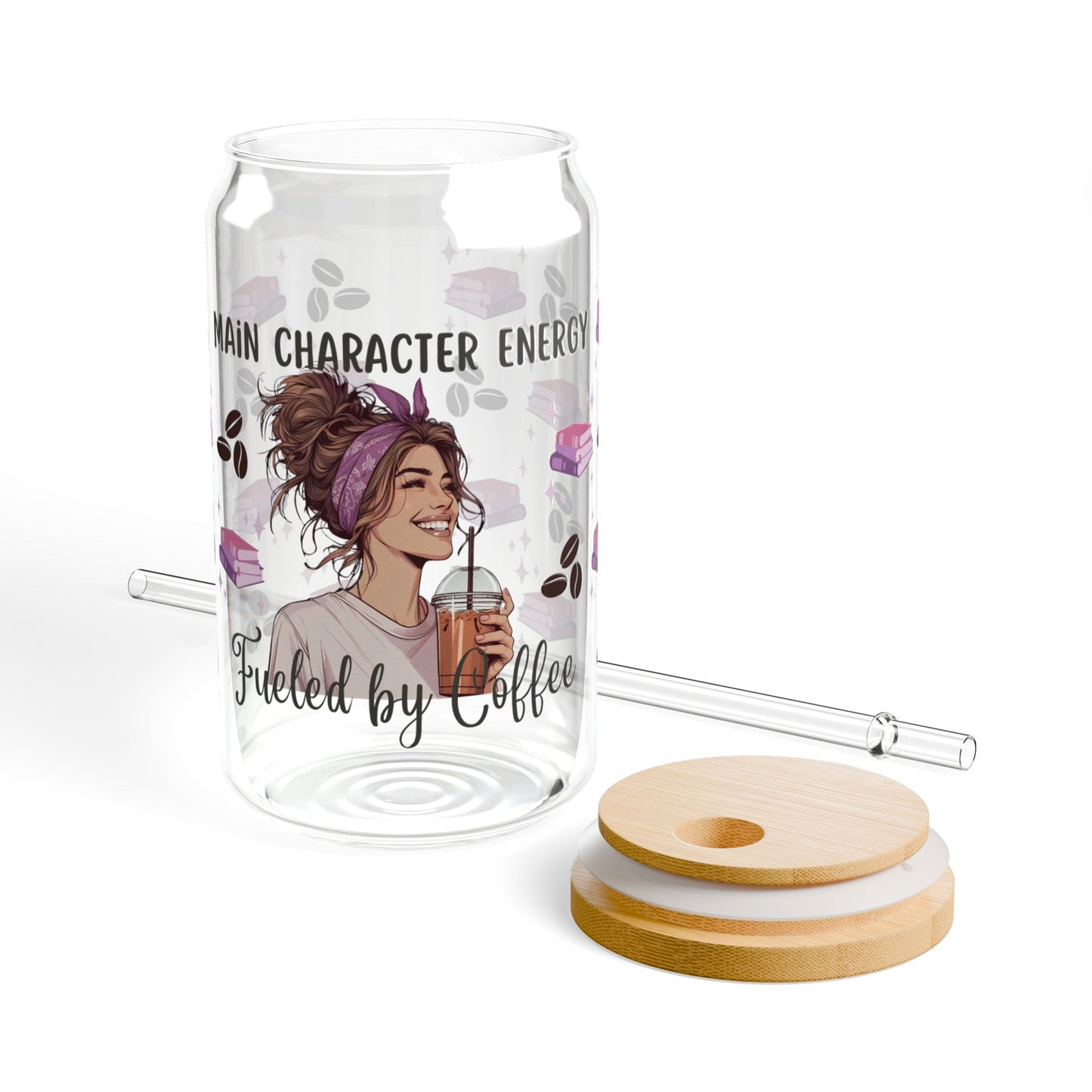Main Character Energy Sipper Glass - 16oz Coffee & Books Design, 'Fueled by Caffeine'