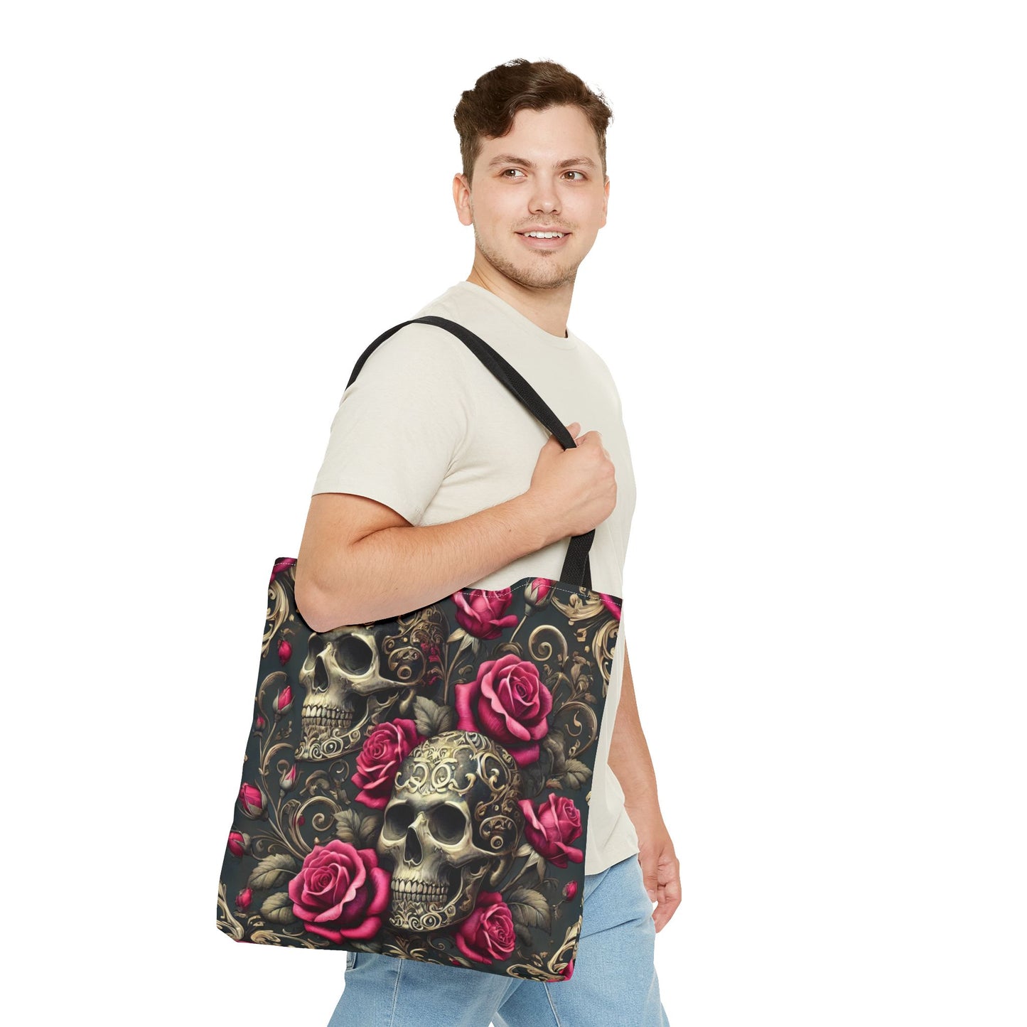 Gothic Skull & Roses Tote Bag | Dark Floral Aesthetic Tote in 13x13, 16x16 & 18x18 Sizes