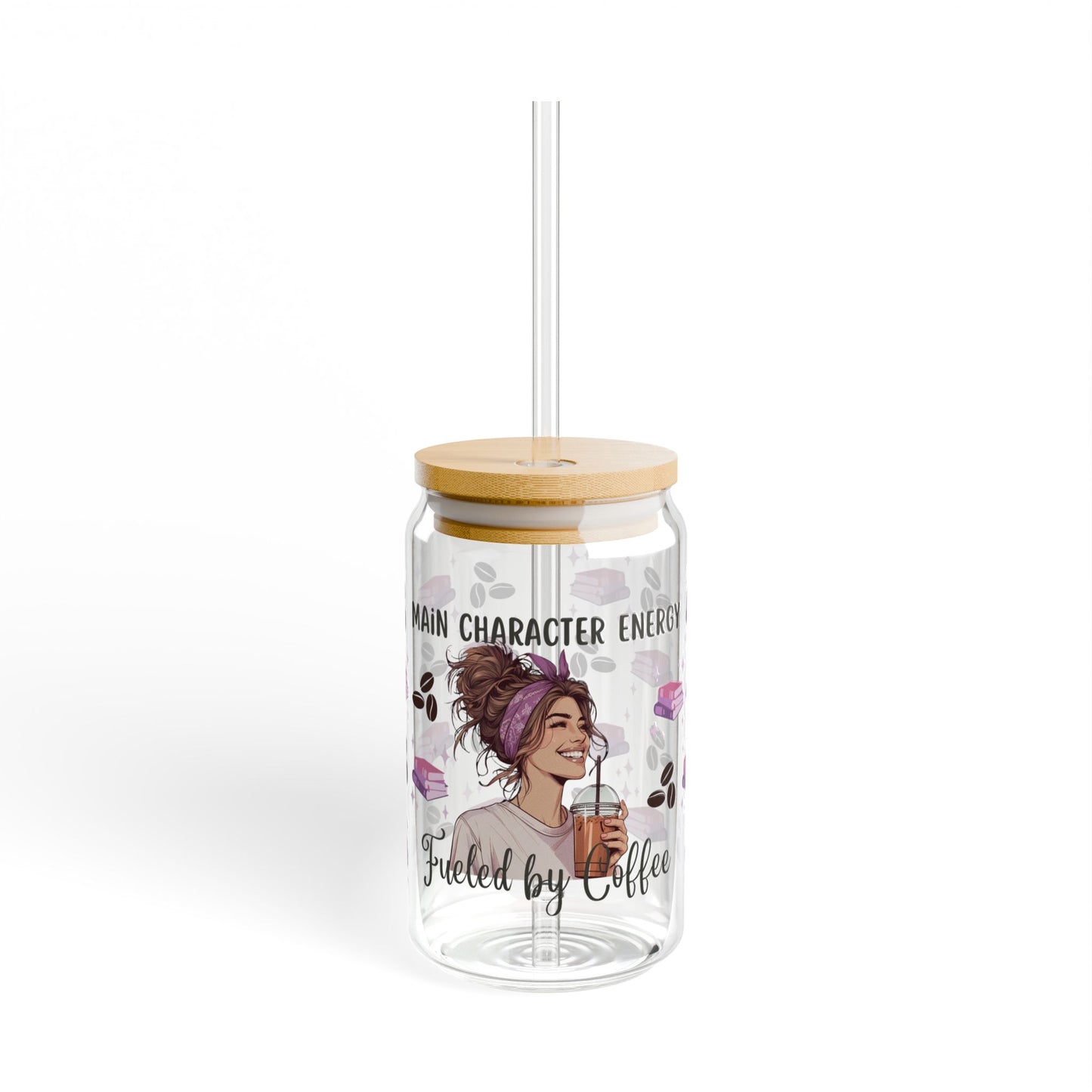 Main Character Energy Sipper Glass - 16oz Coffee & Books Design, 'Fueled by Caffeine'