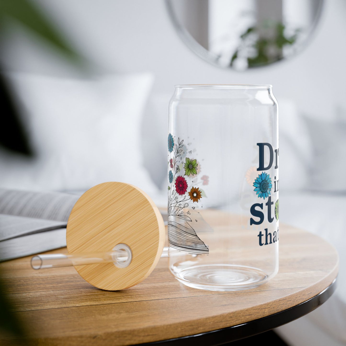 16oz Floral Book Sipper Glass – 'Drink in Stories' Reusable Mason Jar Tumbler