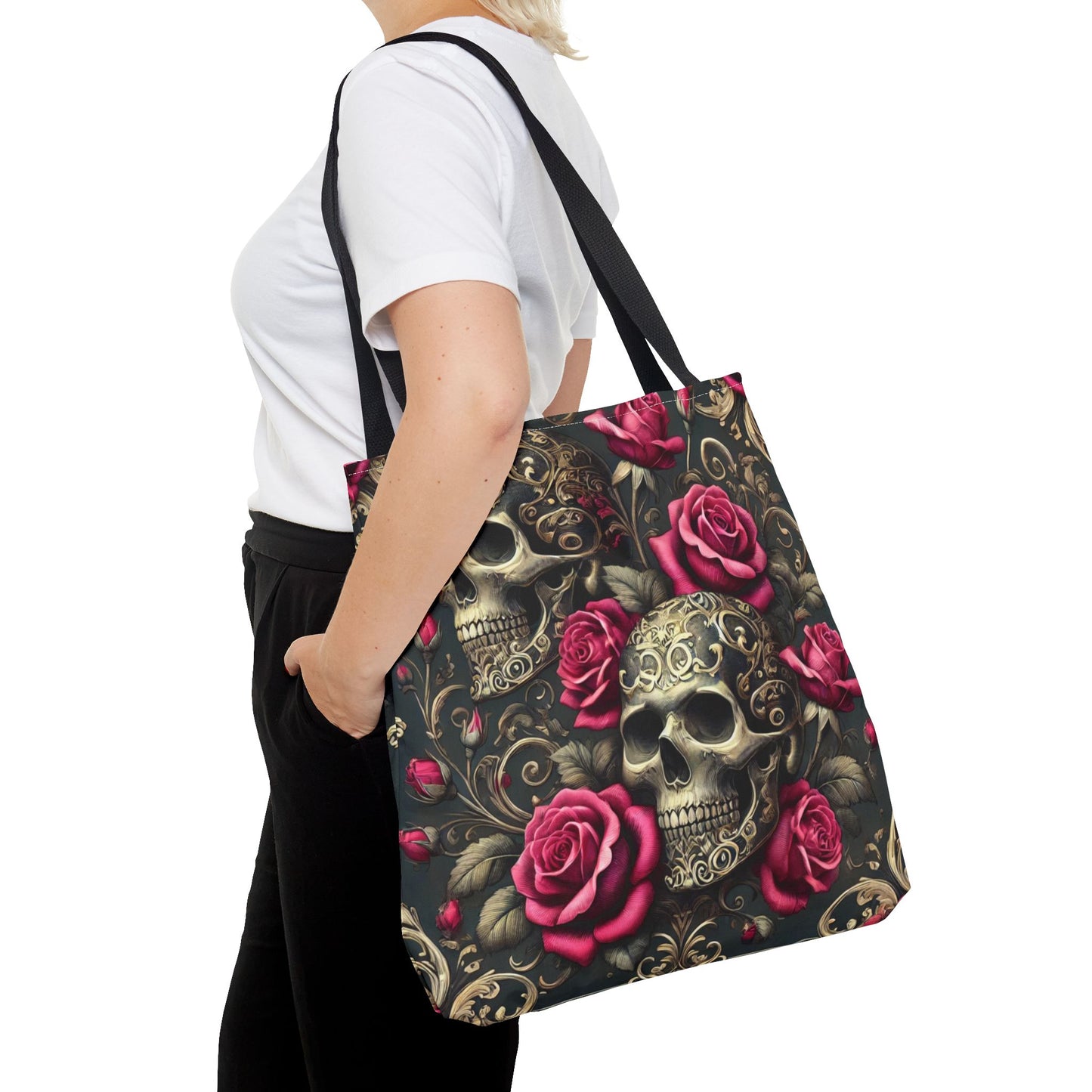 Gothic Skull & Roses Tote Bag | Dark Floral Aesthetic Tote in 13x13, 16x16 & 18x18 Sizes