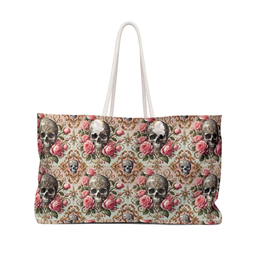Gothic Skull & Roses Tote Bag | Vintage Floral Weekender Bag with Dark Romantic Vibe
