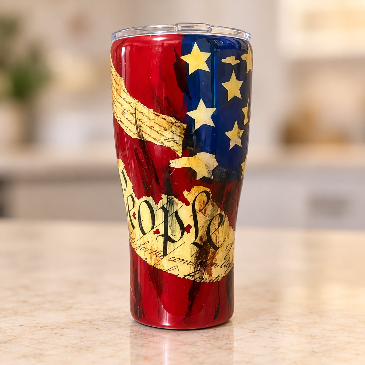 30 oz curved patriotic tumbler with distressed red and blue, aged cream stars and parchment-style We the People lettering.