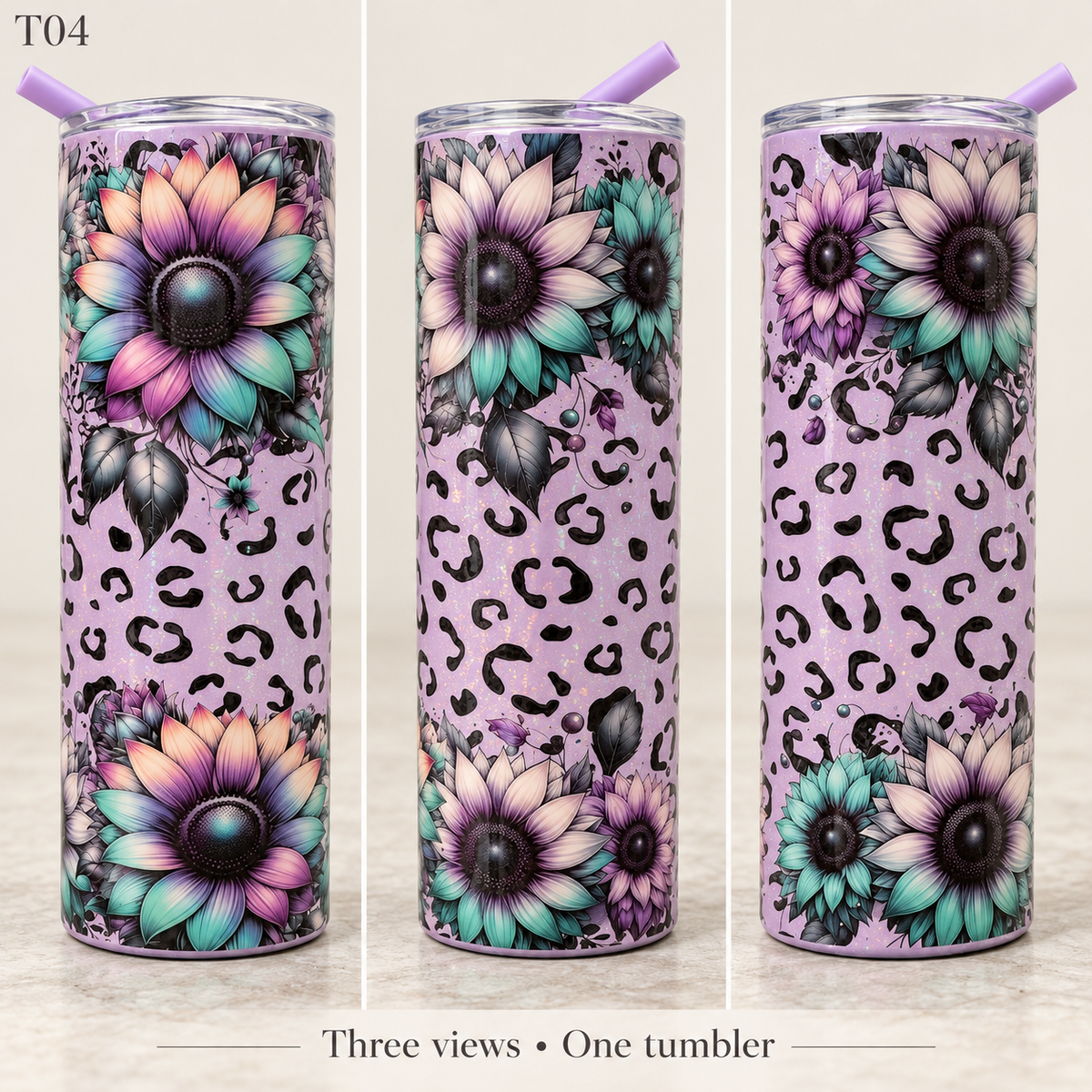Three views of a tall skinny tumbler with a lavender background, black leopard print, and large floral sunflower designs in purple, teal, and peach. The tumbler has a clear lid and a light purple straw.