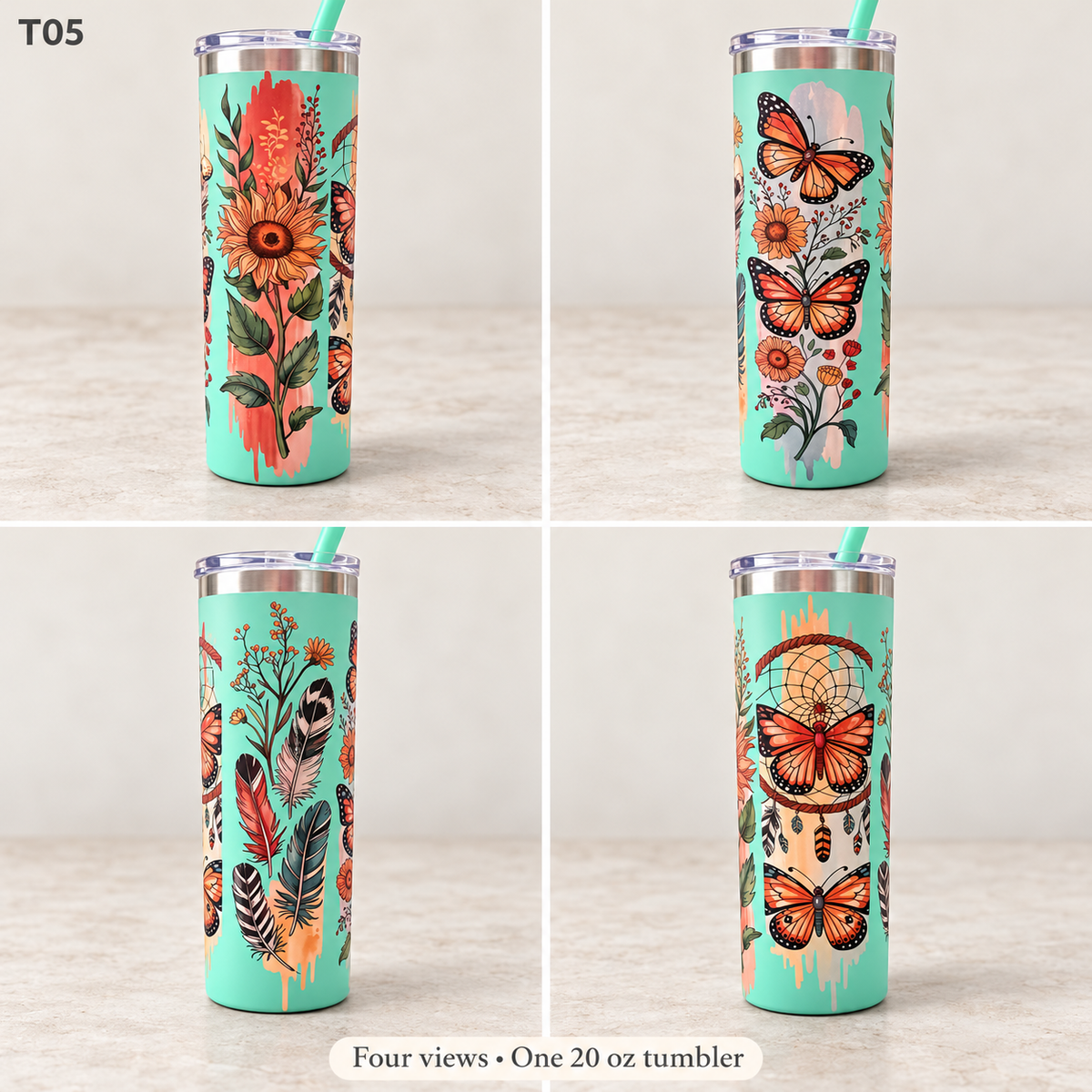 Four-panel product view of a 20 oz tumbler with a mint green base and colorful floral and butterfly prints, shown on a light neutral background. The tumbler has a clear lid and a green straw.