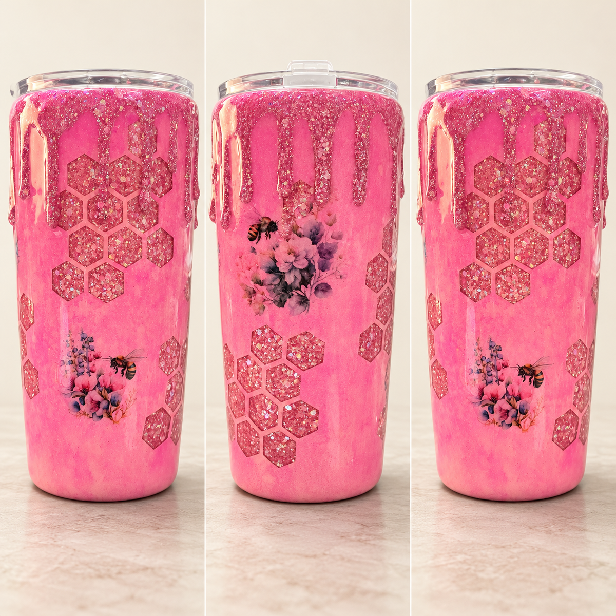 Three views of a pink glitter tumbler with honeycomb patterns, floral bee designs, and dripping glitter details, shown on a light beige background.