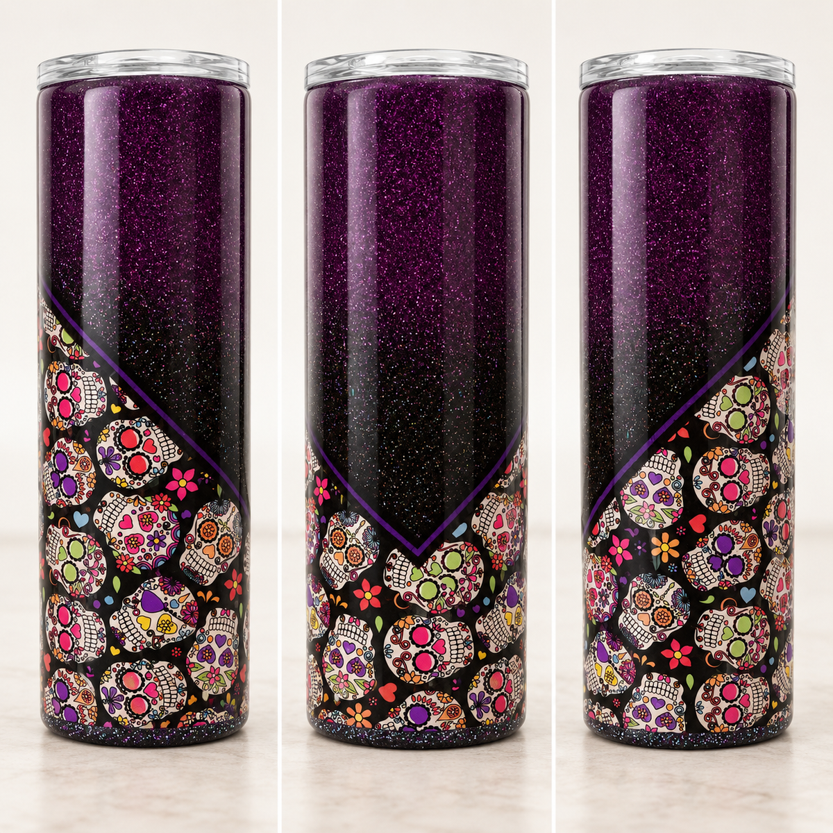Three views of a tall skinny tumbler with a clear lid, featuring a dark purple glitter gradient that fades to a black base decorated with colorful sugar skull and floral patterns, set against a black background.